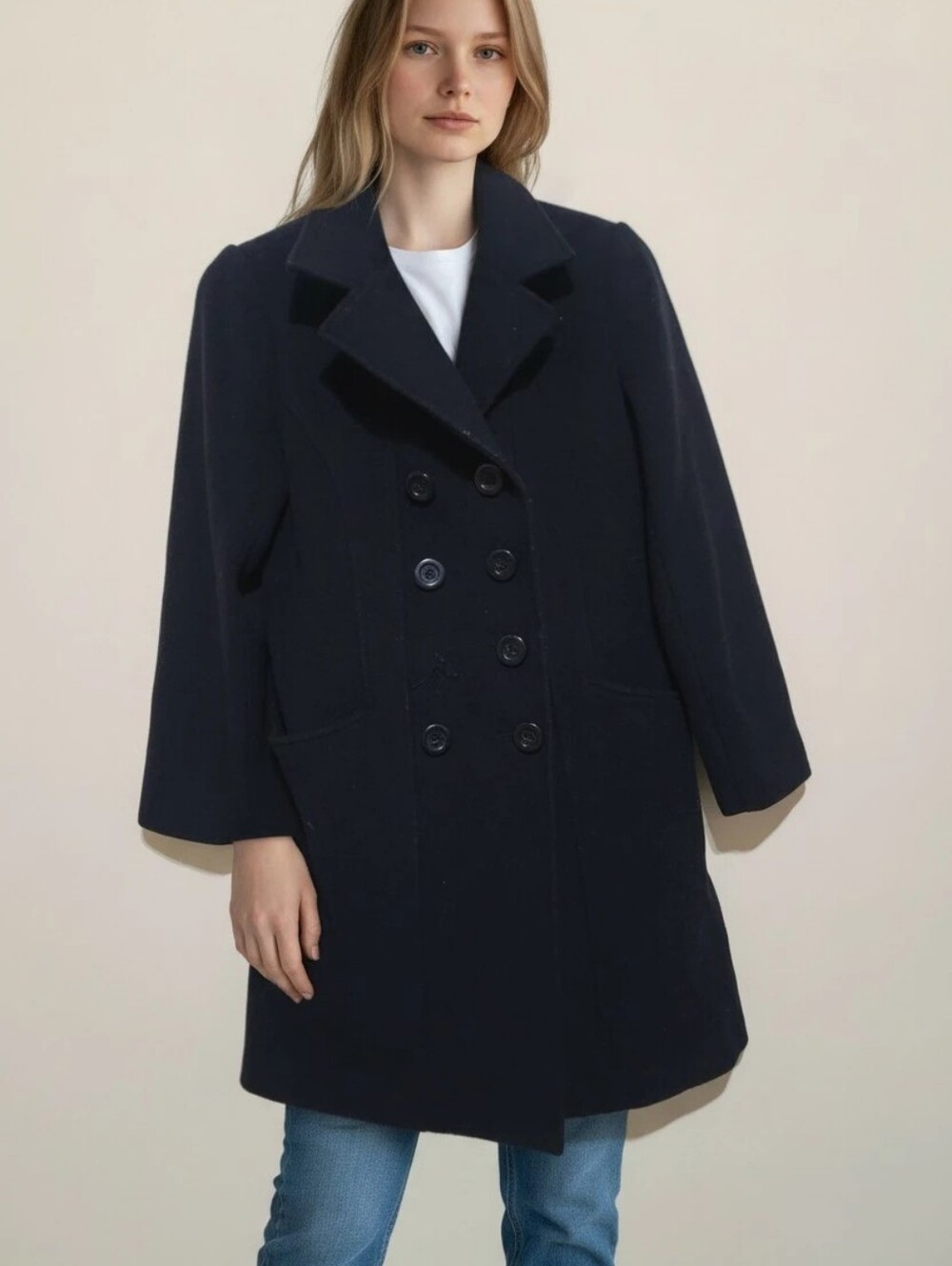 Harve Benard  Black 100% Wool Woman Double-Breasted Pea Coat Size 8
